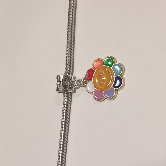 Silver Gold Rainbow Flower Enamel Dangle Charm for Pandora Style Bracelet - Picture 1 of 4